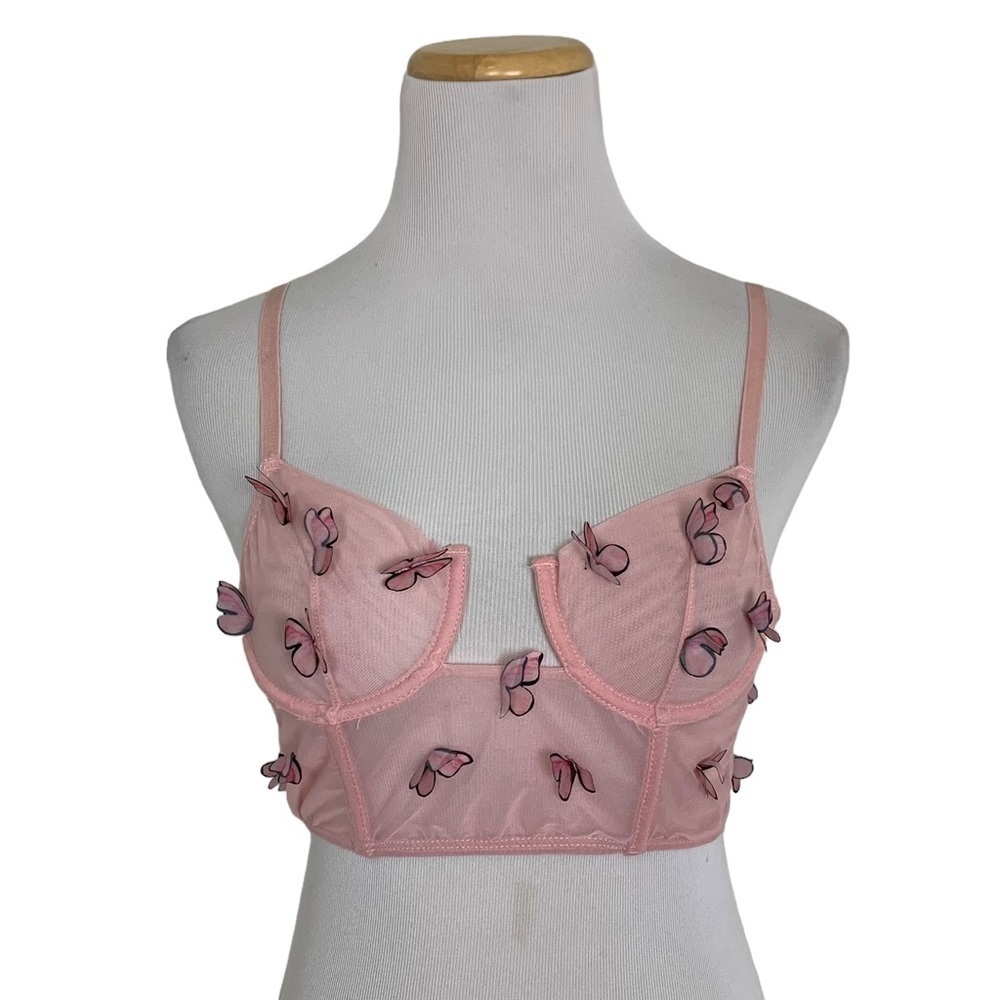 Longline 3D Butterfly Bra Underwire Sheer Pink Size Small Butterflies